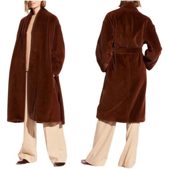 Vince X Revolve Faux Fur Mahogany Brown Belted Coat Ultra Chic Soft Quiet Luxury - Picture 2 of 14